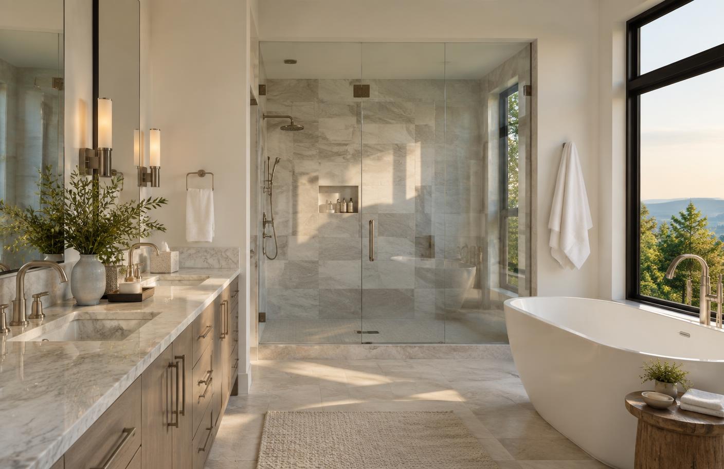 Spotless stone bathroom with a clear glass shower
