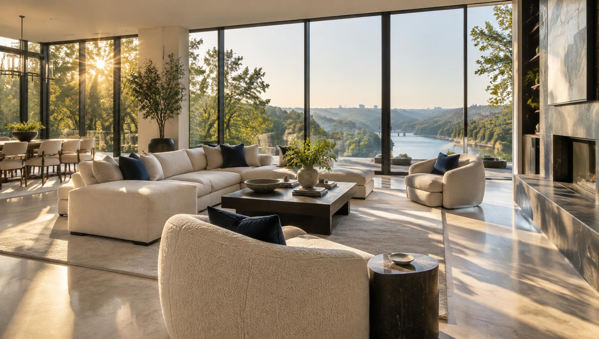 Sunlit, immaculate luxury living room overlooking the Tennessee hills
